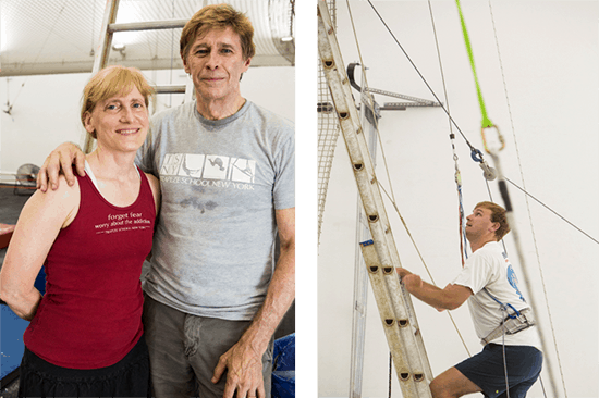 Dave and Anne Brown, Founders of New York Trapeze School. OnDeck’s Gordon Summer getting ready to fly. Photo by Kate Glicksberg.