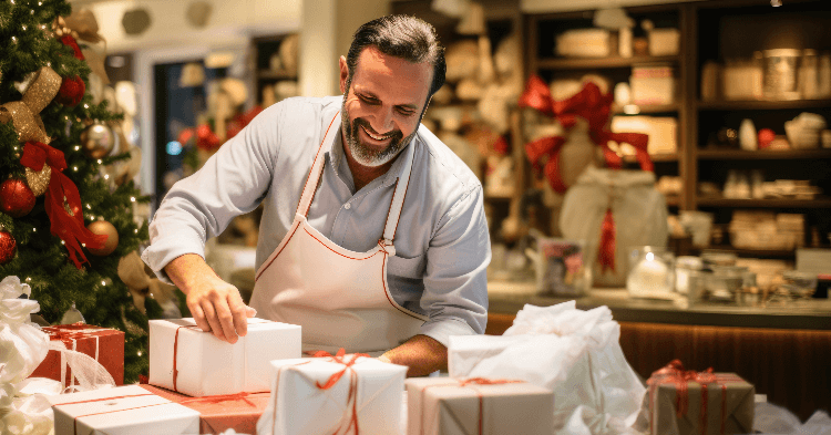 Small business owner wrapping holiday packages