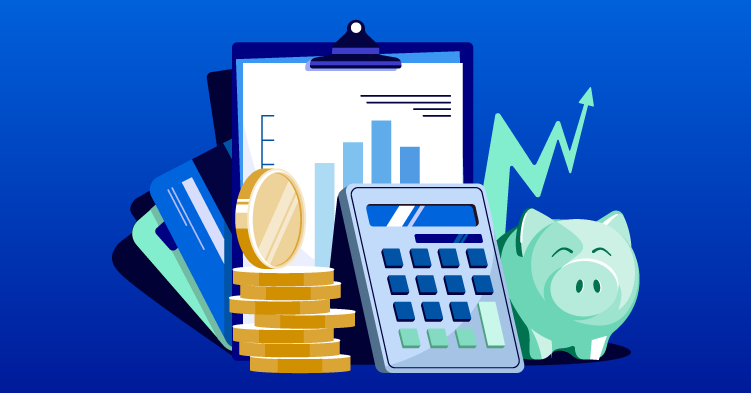 Illustration of a clipboard, credit cards, stack of coins, calculator and piggy bank.