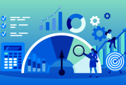 Blue illustration of a business person looking at big charts and graphs