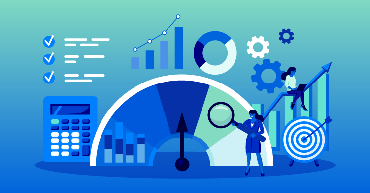 Blue illustration of a business person looking at big charts and graphs