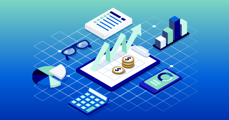 Illustration of a clipboard, calculator, smartphone, stack of paper, 3D graphs, and eyeglasses.