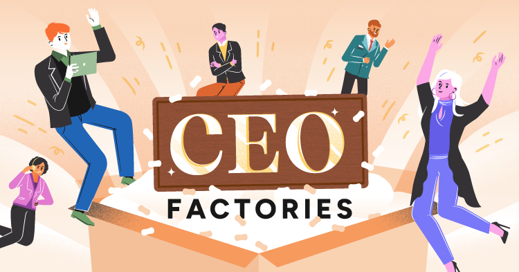 Illustration with business people around a sign that says CEO factories