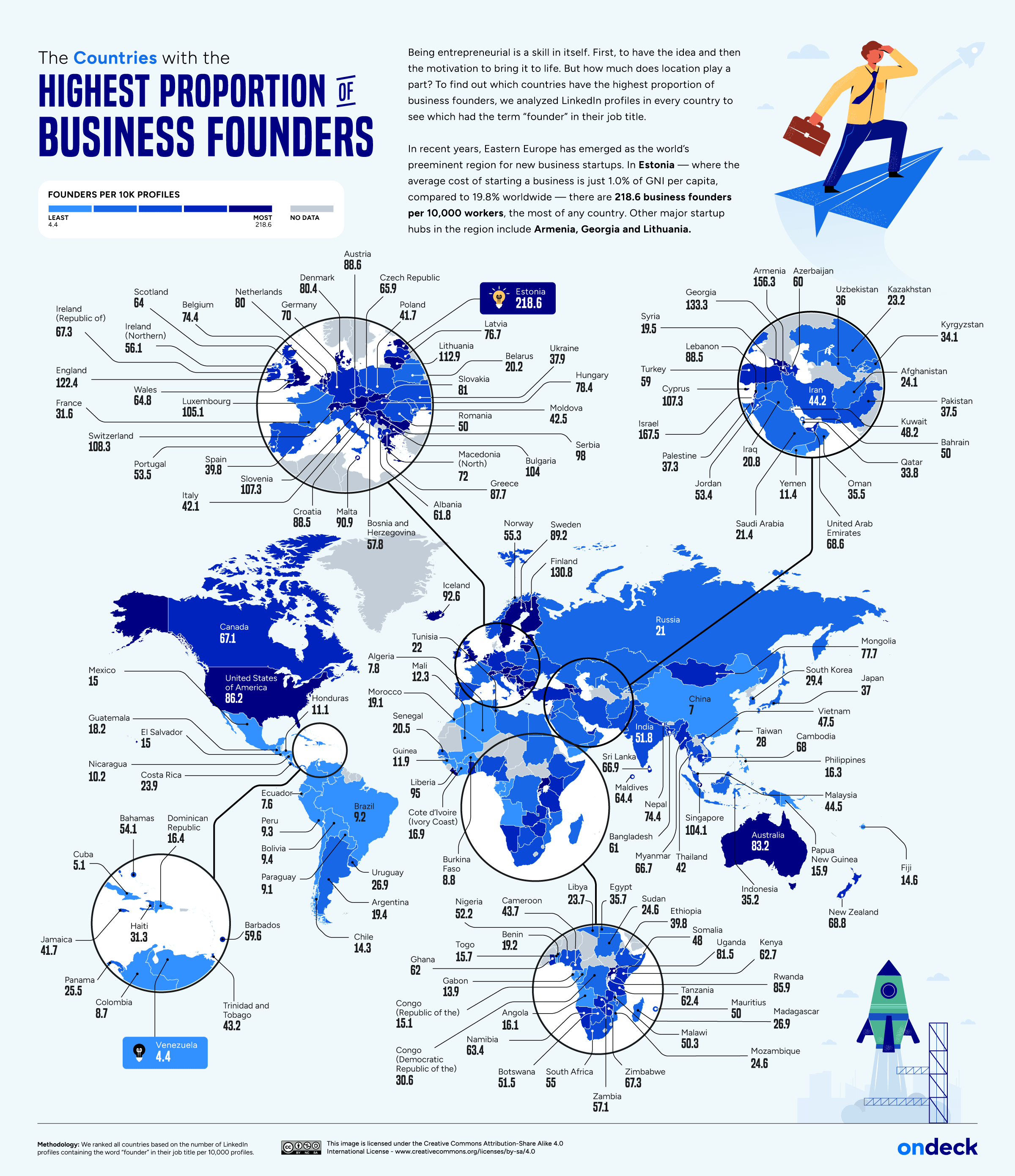 Map of the countries with the most business founders