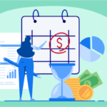 Illustration of a business women looking at a calendar with a dollar sign circles on one of the days