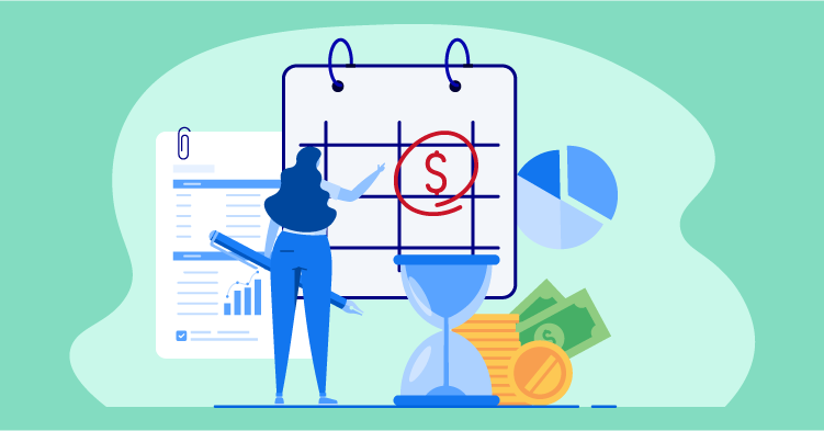 Illustration of a business women looking at a calendar with a dollar sign circles on one of the days