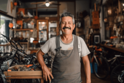 Shop owner standing in his shop surrounded by equipment