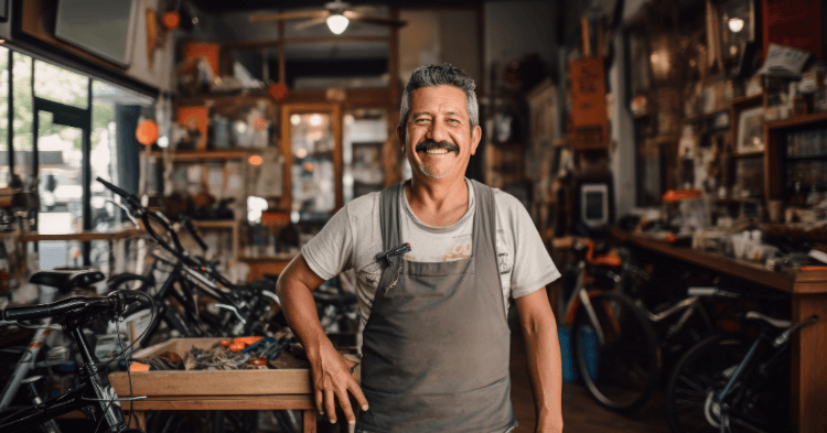 Shop owner standing in his shop surrounded by equipment